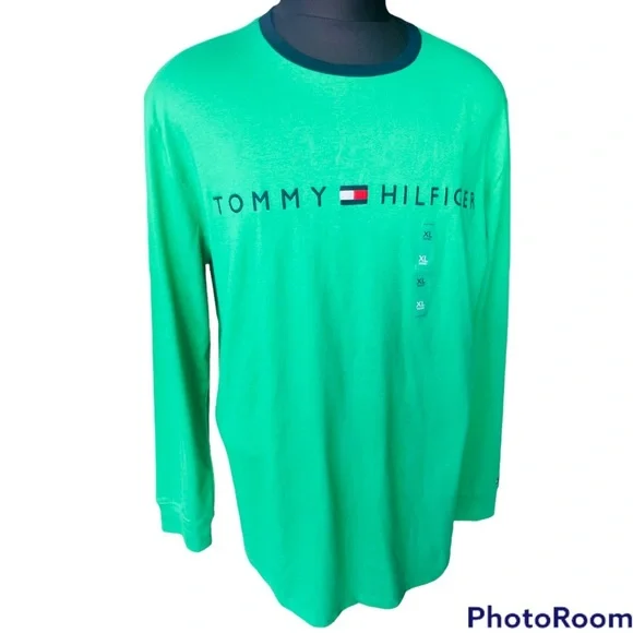 Tommy Hilfiger Men's Long Sleeve Logo T Shirt Green - Picture 2 of 6